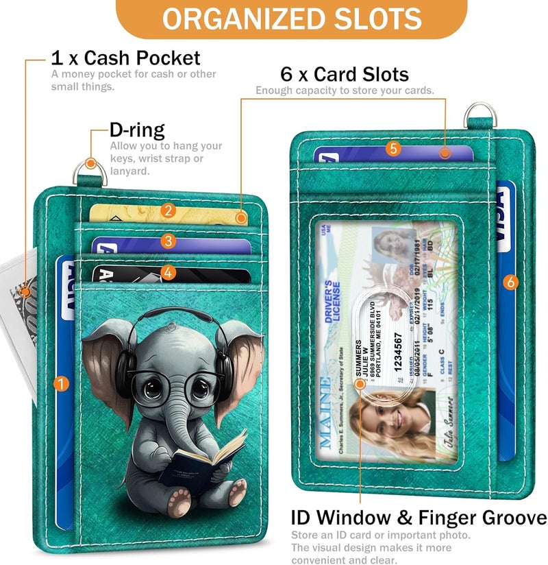 Yonlevres Elephant Credit Card Holder Slim Wallet, RFID Wallet Women Front Pocket Wristlet Lanyard, Small Card Holder Travel Funny Cute Thin Card Case ID Window PU Leather Card Organizer Gifts Girls - Image 4